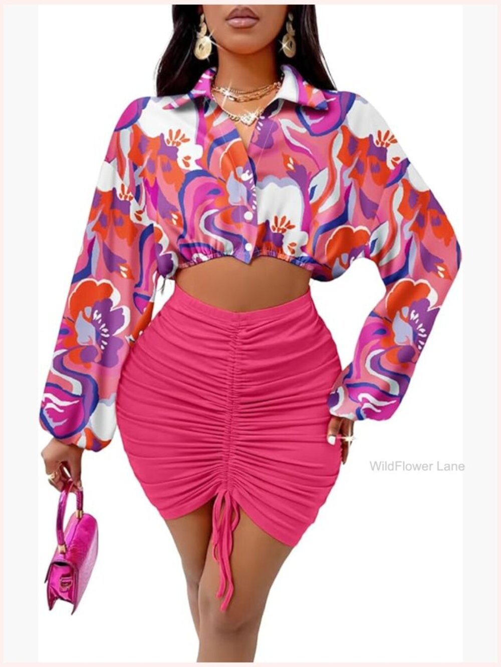 Two Piece Skirt Set Long Sleeve Crop Top Stretchy High Waist Mini Skirt